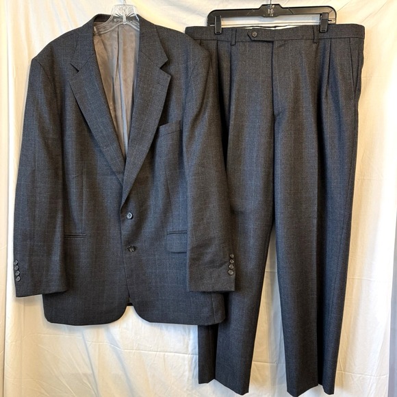 Oscar de la Renta 44L Gray Glen Check Flannel Wool Jacket Pants Suit 38x30